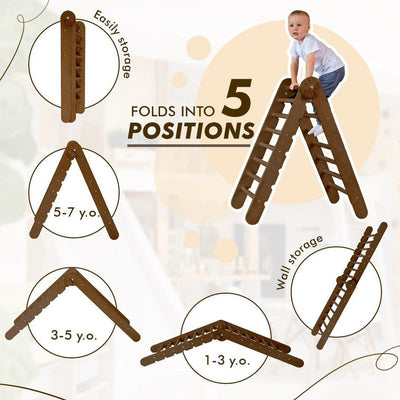 5in1 Montessori Climbing Set: Triangle Ladder + Arch/Rocker + Slide Board/Ramp + Net + Cushion – Chocolate.