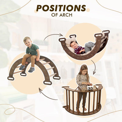 5in1 Montessori Climbing Set: Triangle Ladder + Arch/Rocker + Slide Board/Ramp + Net + Cushion – Chocolate.