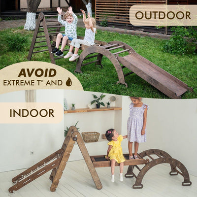 5in1 Montessori Climbing Set: Triangle Ladder + Arch/Rocker + Slide Board/Ramp + Net + Cushion – Chocolate.