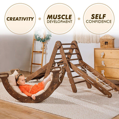 5in1 Montessori Climbing Set: Triangle Ladder + Arch/Rocker + Slide Board/Ramp + Net + Cushion – Chocolate.
