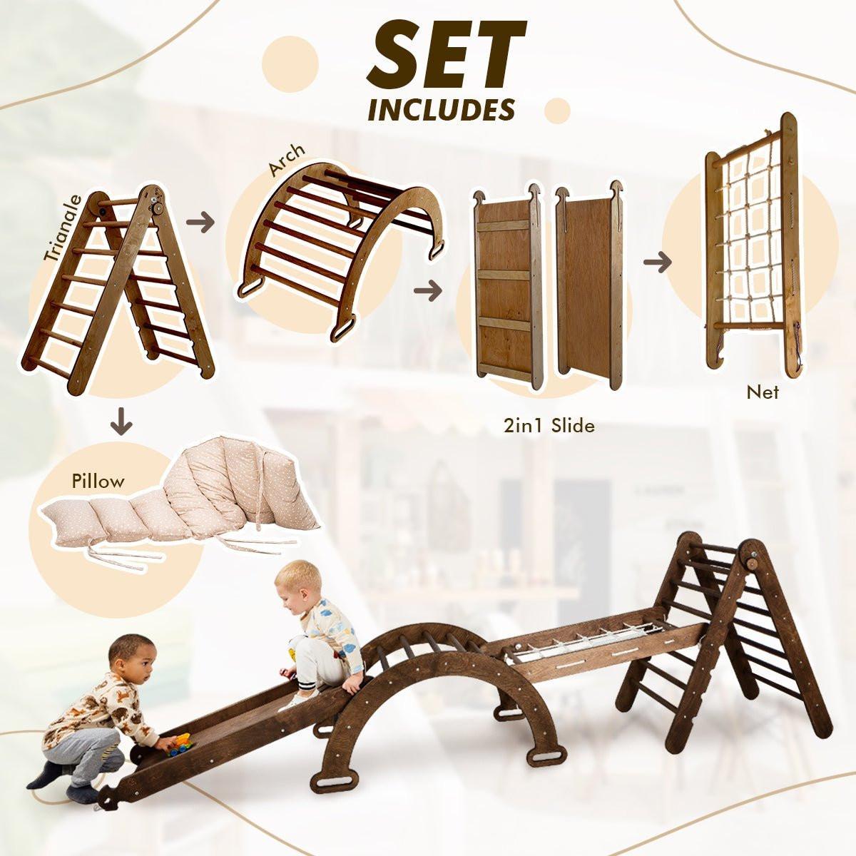 5in1 Montessori Climbing Set: Triangle Ladder + Arch/Rocker + Slide Board/Ramp + Net + Cushion – Chocolate.
