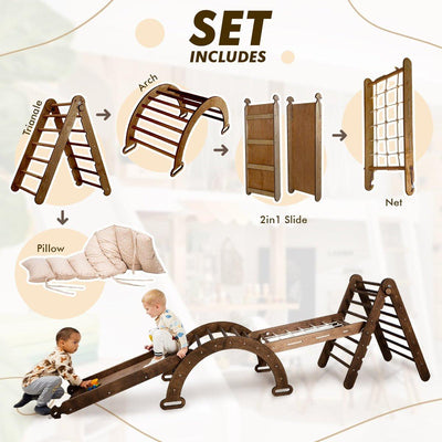 5in1 Montessori Climbing Set: Triangle Ladder + Arch/Rocker + Slide Board/Ramp + Net + Cushion – Chocolate.
