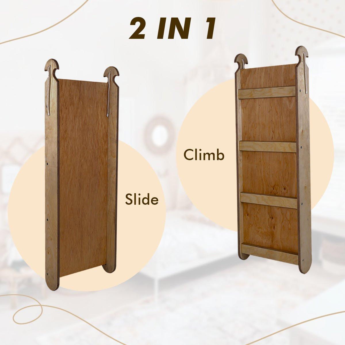 5in1 Montessori Climbing Set: Triangle Ladder + Arch/Rocker + Slide Board/Ramp + Net + Cushion – Chocolate.