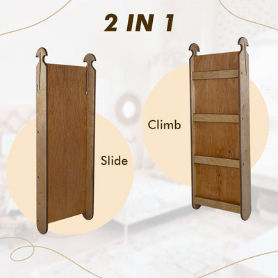 5in1 Montessori Climbing Set: Triangle Ladder + Arch/Rocker + Slide Board/Ramp + Net + Cushion – Chocolate.