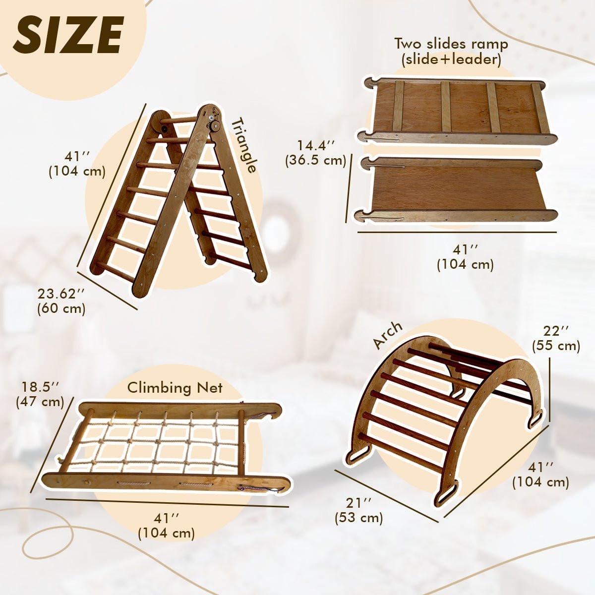 5in1 Montessori Climbing Set: Triangle Ladder + Arch/Rocker + Slide Board/Ramp + Net + Cushion – Chocolate.