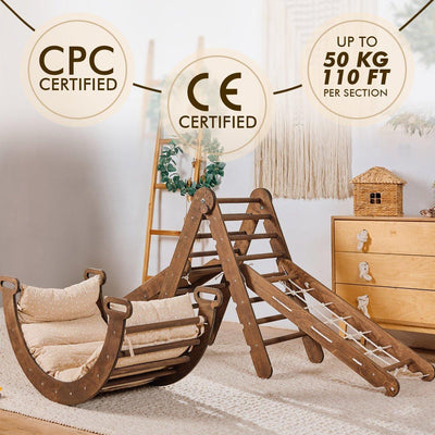 5in1 Montessori Climbing Set: Triangle Ladder + Arch/Rocker + Slide Board/Ramp + Net + Cushion – Chocolate.