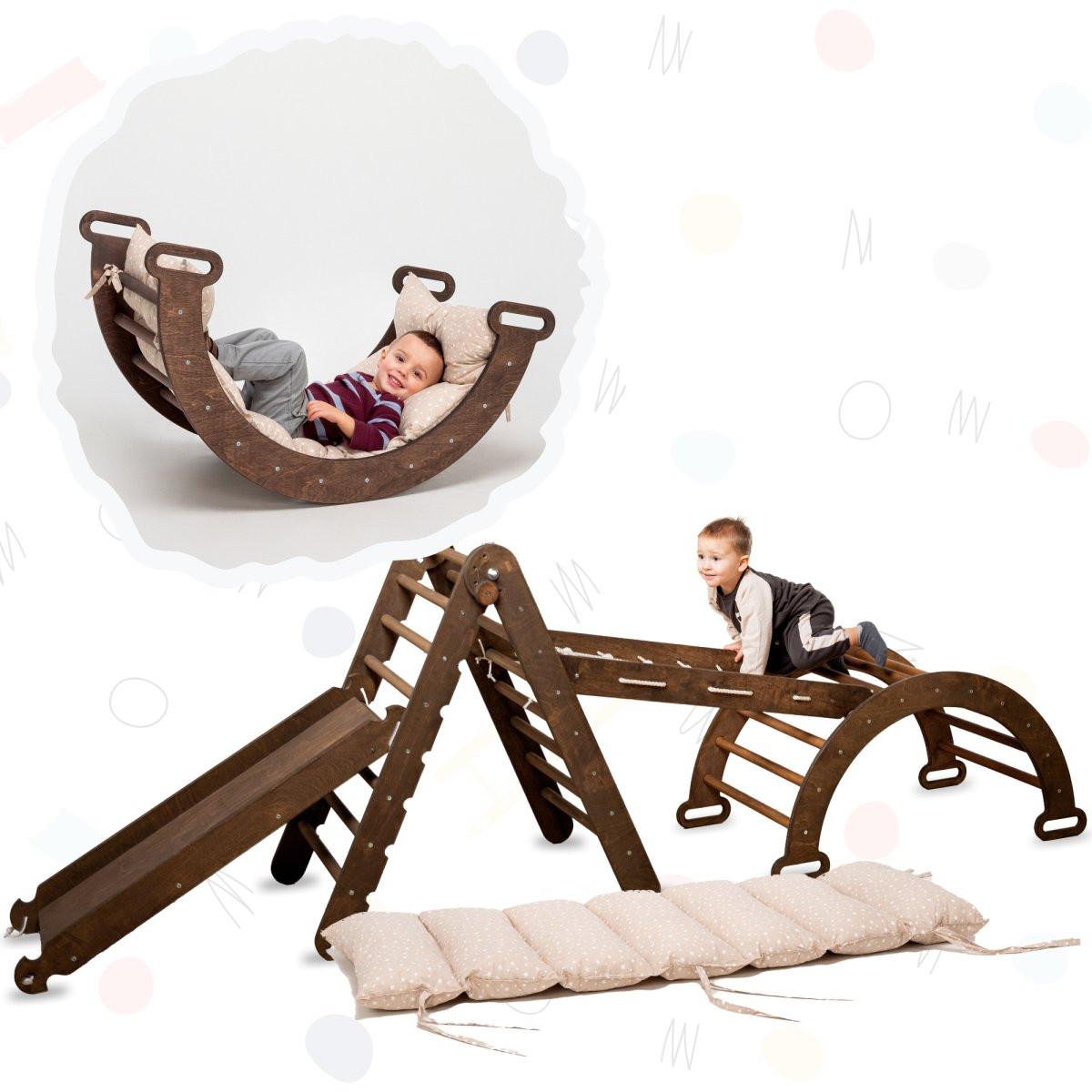 5in1 Montessori Climbing Set: Triangle Ladder + Arch/Rocker + Slide Board/Ramp + Net + Cushion – Chocolate.