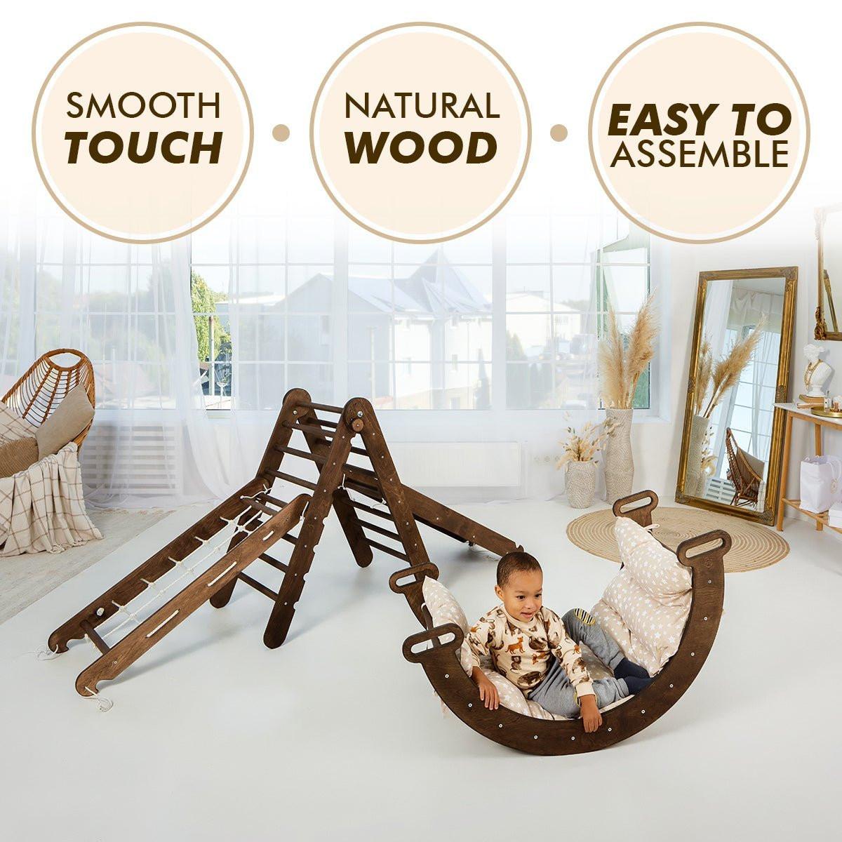5in1 Montessori Climbing Set: Triangle Ladder + Arch/Rocker + Slide Board/Ramp + Net + Cushion – Chocolate.