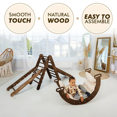 5in1 Montessori Climbing Set: Triangle Ladder + Arch/Rocker + Slide Board/Ramp + Net + Cushion – Chocolate.