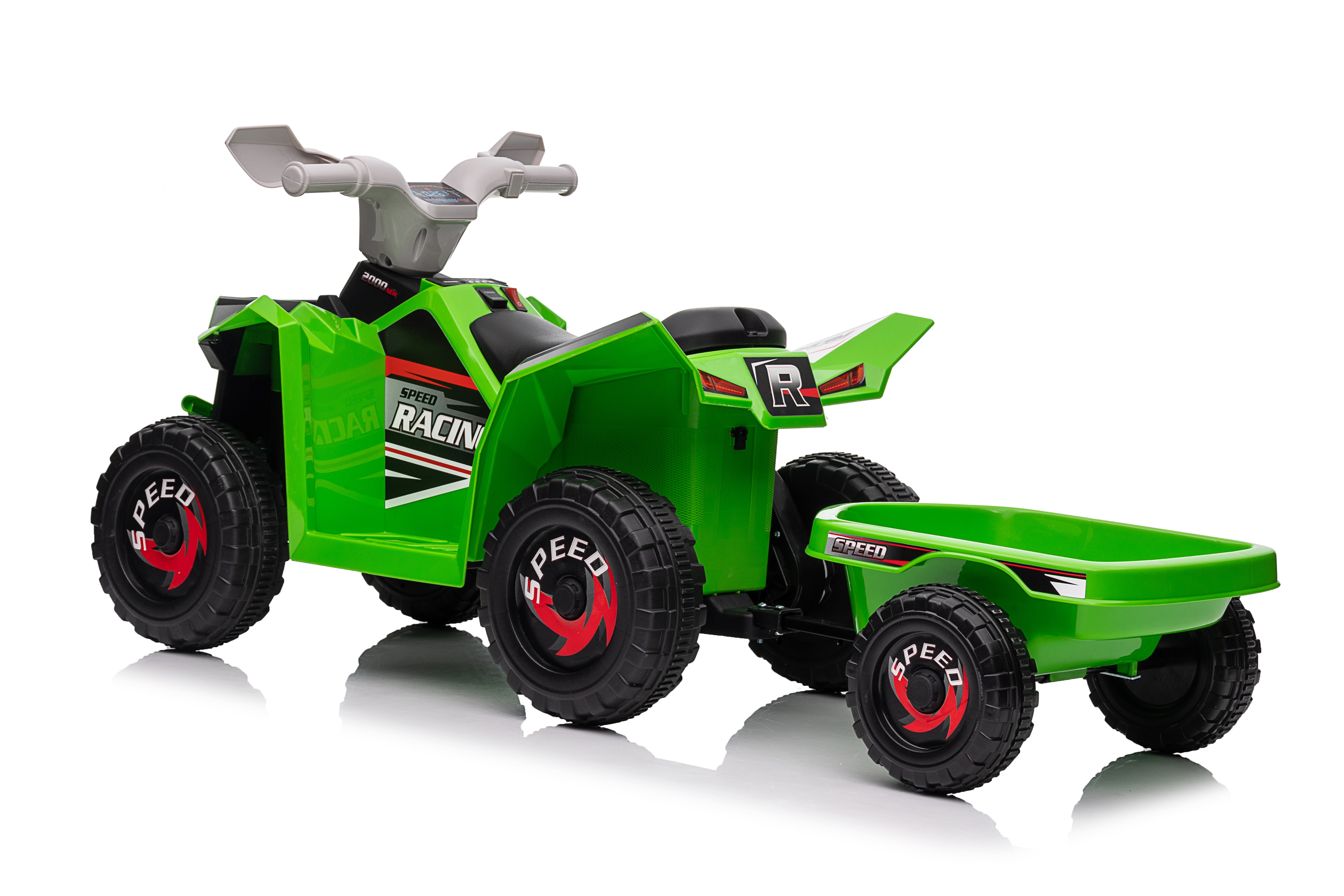 Green 6V Kids 6-Wheel ATV W/ Trailer, Music, BT and Microphone
