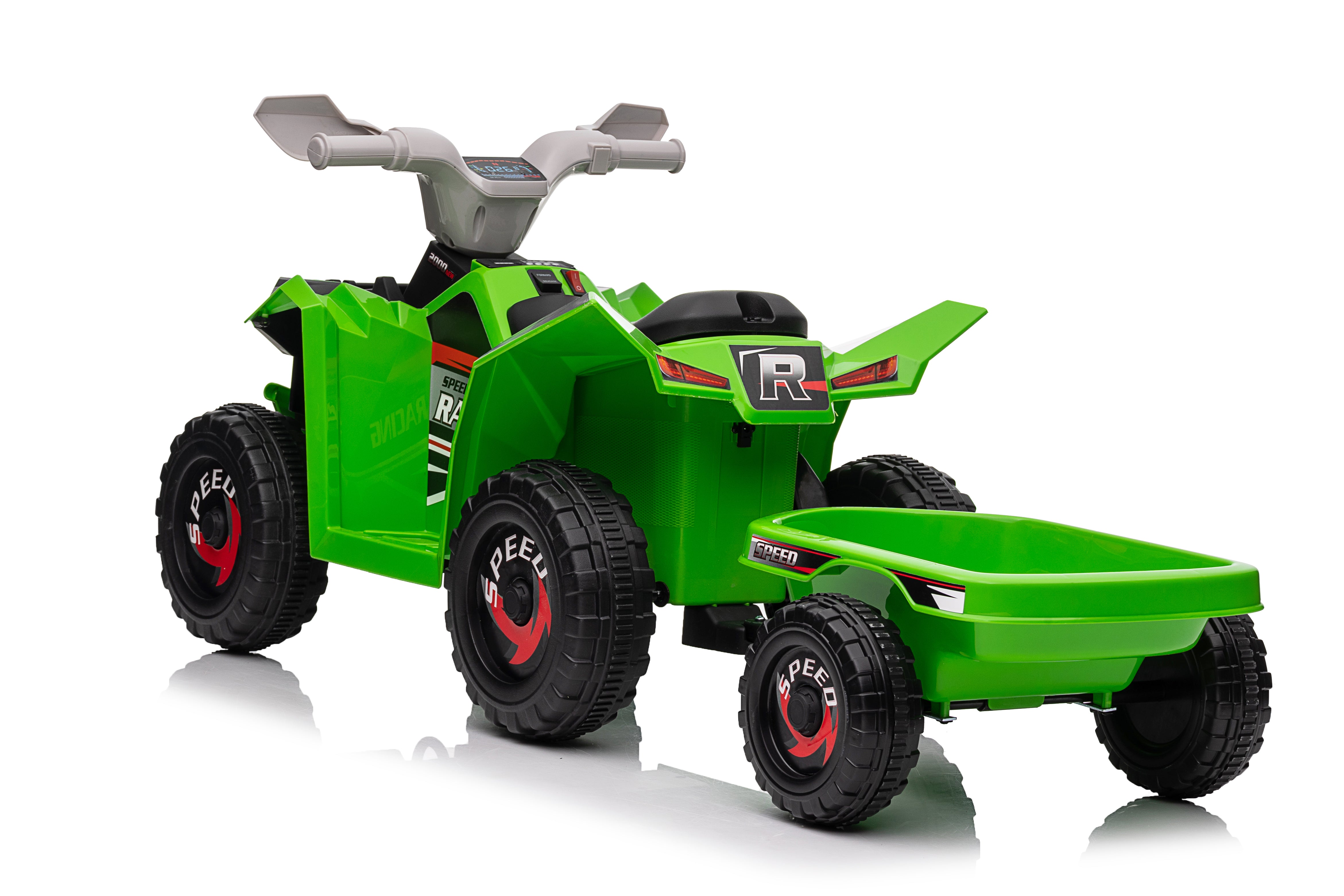 Green 6V Kids 6-Wheel ATV W/ Trailer, Music, BT and Microphone