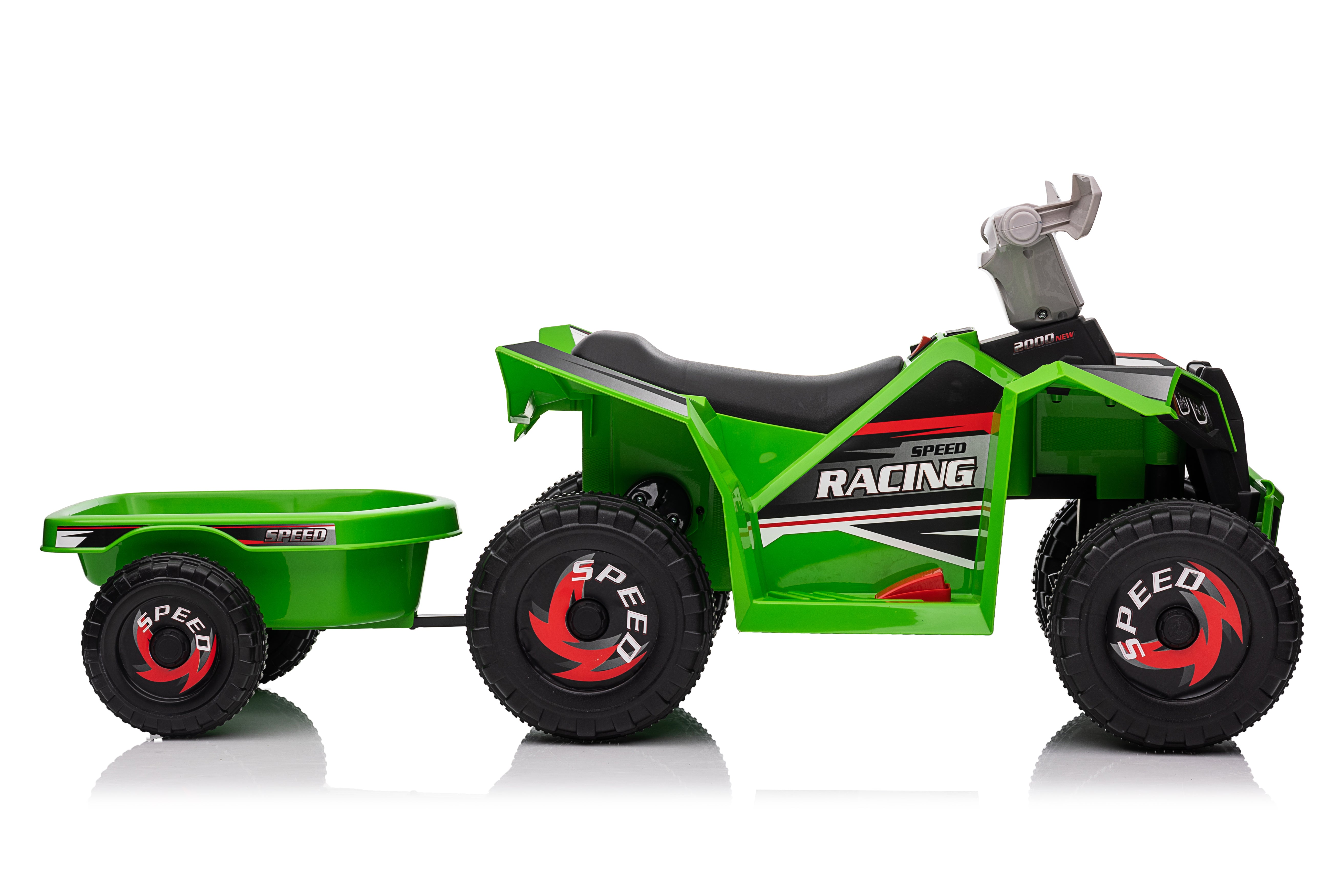 Green 6V Kids 6-Wheel ATV W/ Trailer, Music, BT and Microphone