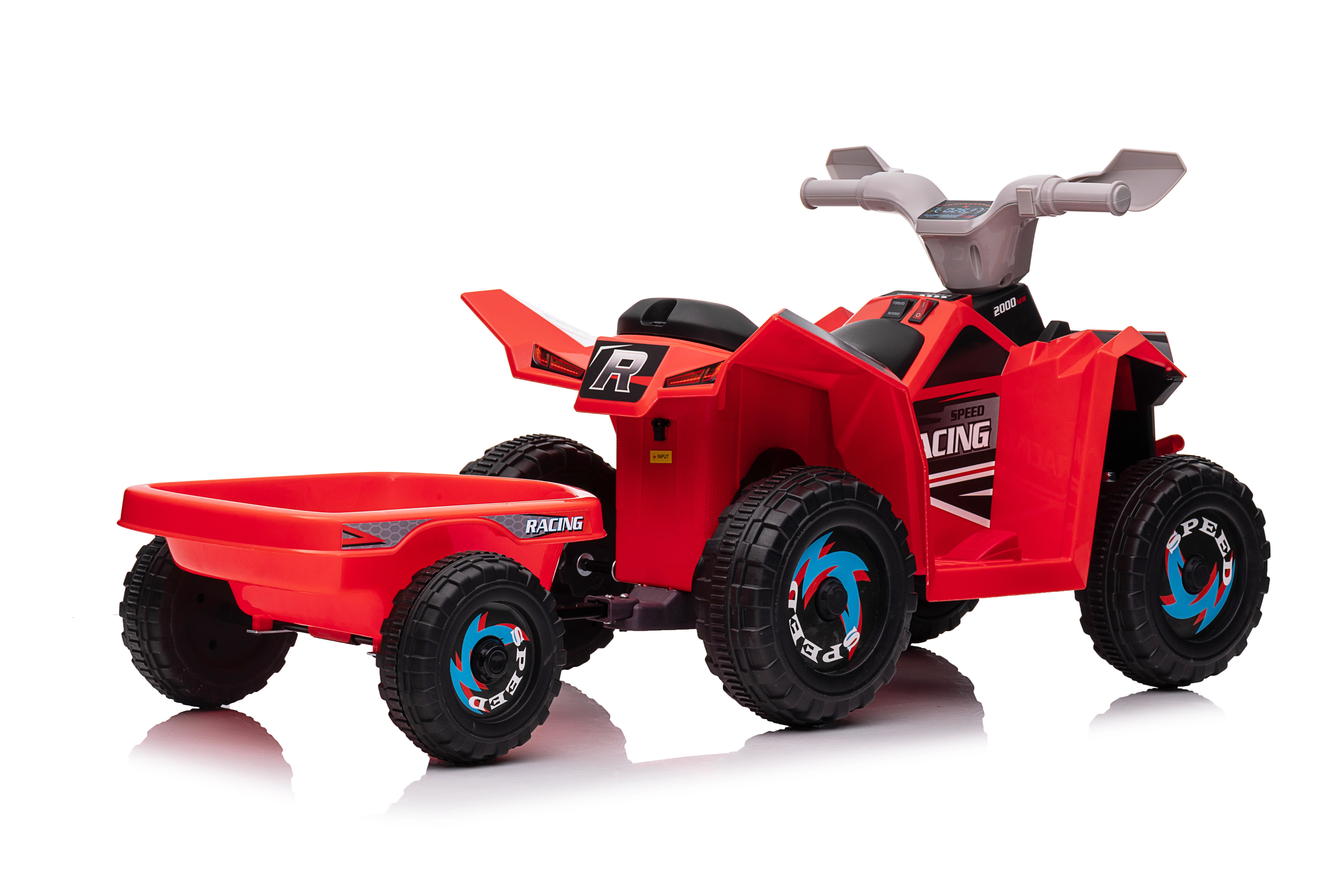 Red 6V Kids 6-Wheel ATV W/ Trailer, Music, BT and Microphone