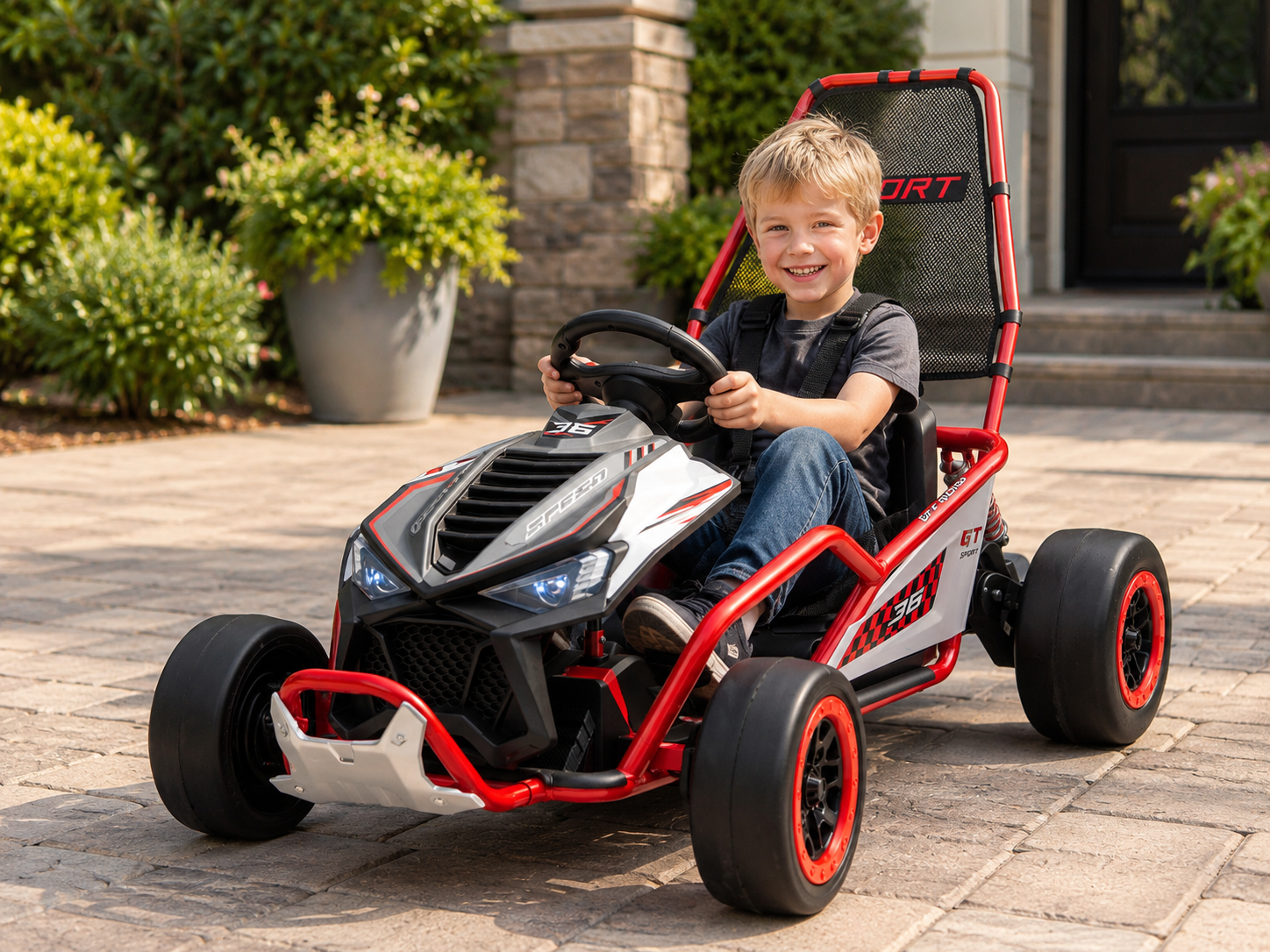 Red Outlaw Edition 24V Kids Electric Go-Kart with Quiet Dual Motors, Music Player, EVA Front Wheels.