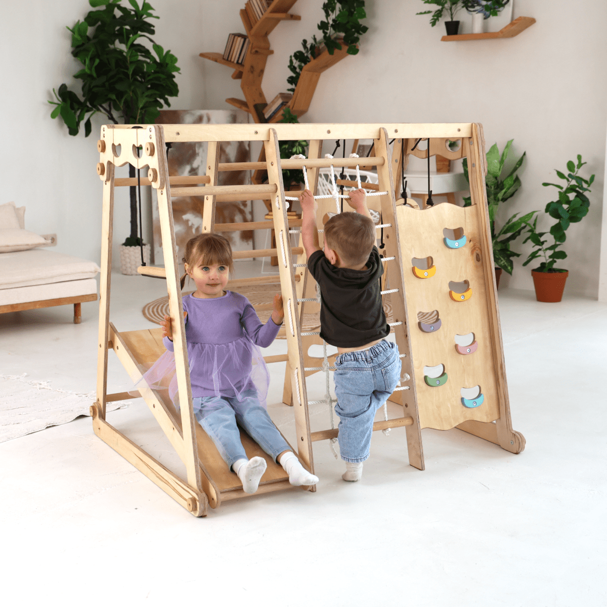 6in1 Indoor Jungle Gym for Toddler: Playground + Swings Set + Slide Board + Rope + Stairs.