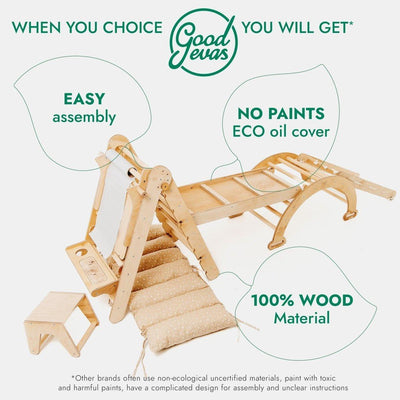6in1 Montessori Climbing Frame Set: Triangle Ladder + Arch/Rocker + Slide/Ramp + Net + Cushion + Art Addition.