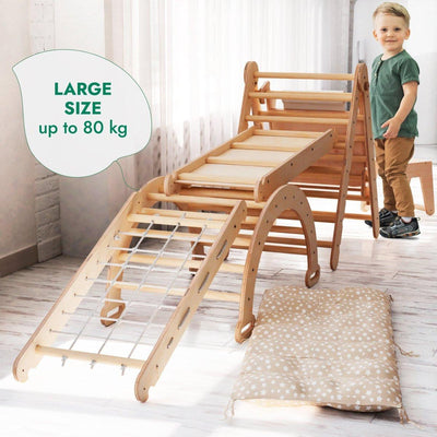 6in1 Montessori Climbing Frame Set: Triangle Ladder + Arch/Rocker + Slide/Ramp + Net + Cushion + Art Addition.