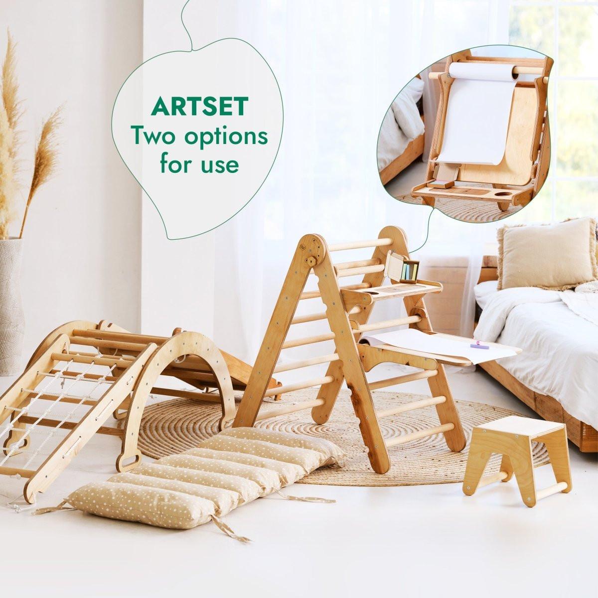 6in1 Montessori Climbing Frame Set: Triangle Ladder + Arch/Rocker + Slide/Ramp + Net + Cushion + Art Addition.