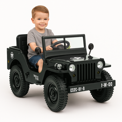 12V Black Limited Edition Kids 1-Seater Military Ride-on Truck W/ EVA Rubber Wheels, Music & RC
