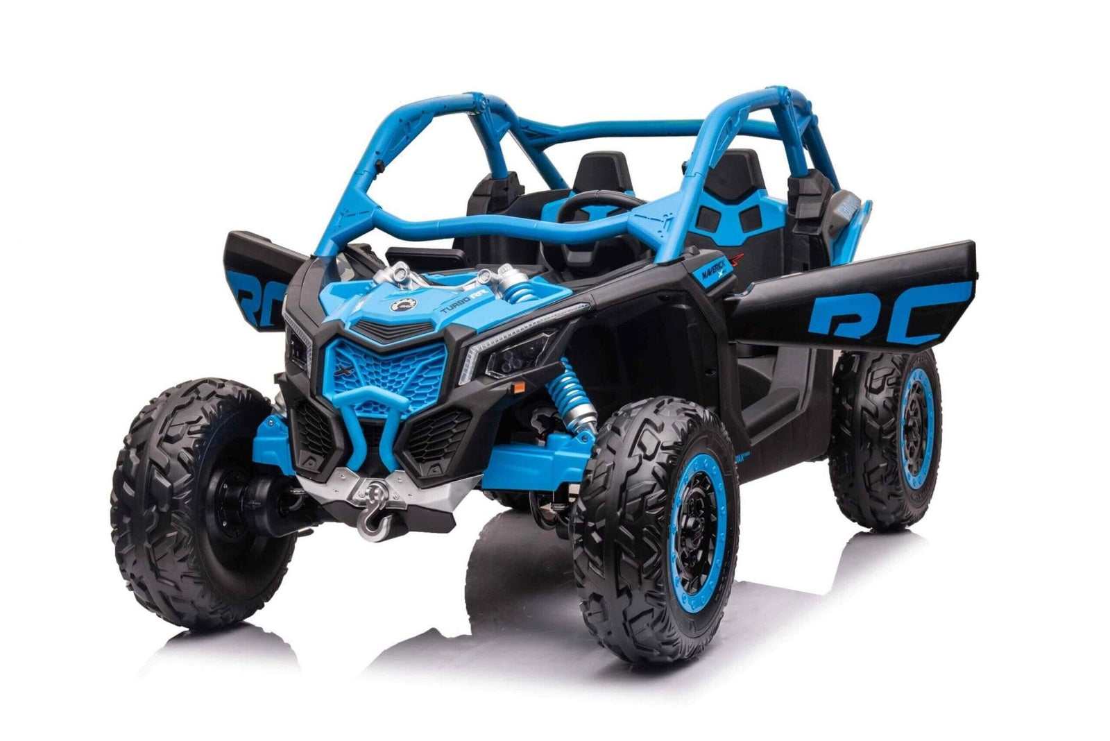 Blue Licensed LX Performance Edition 2x24V Can-Am Maverick 4WD Double 24V Battery Pack, 2-Seater Kids' Buggy W/ Music, EVA Rubber Wheels, Leather Seats & RC.