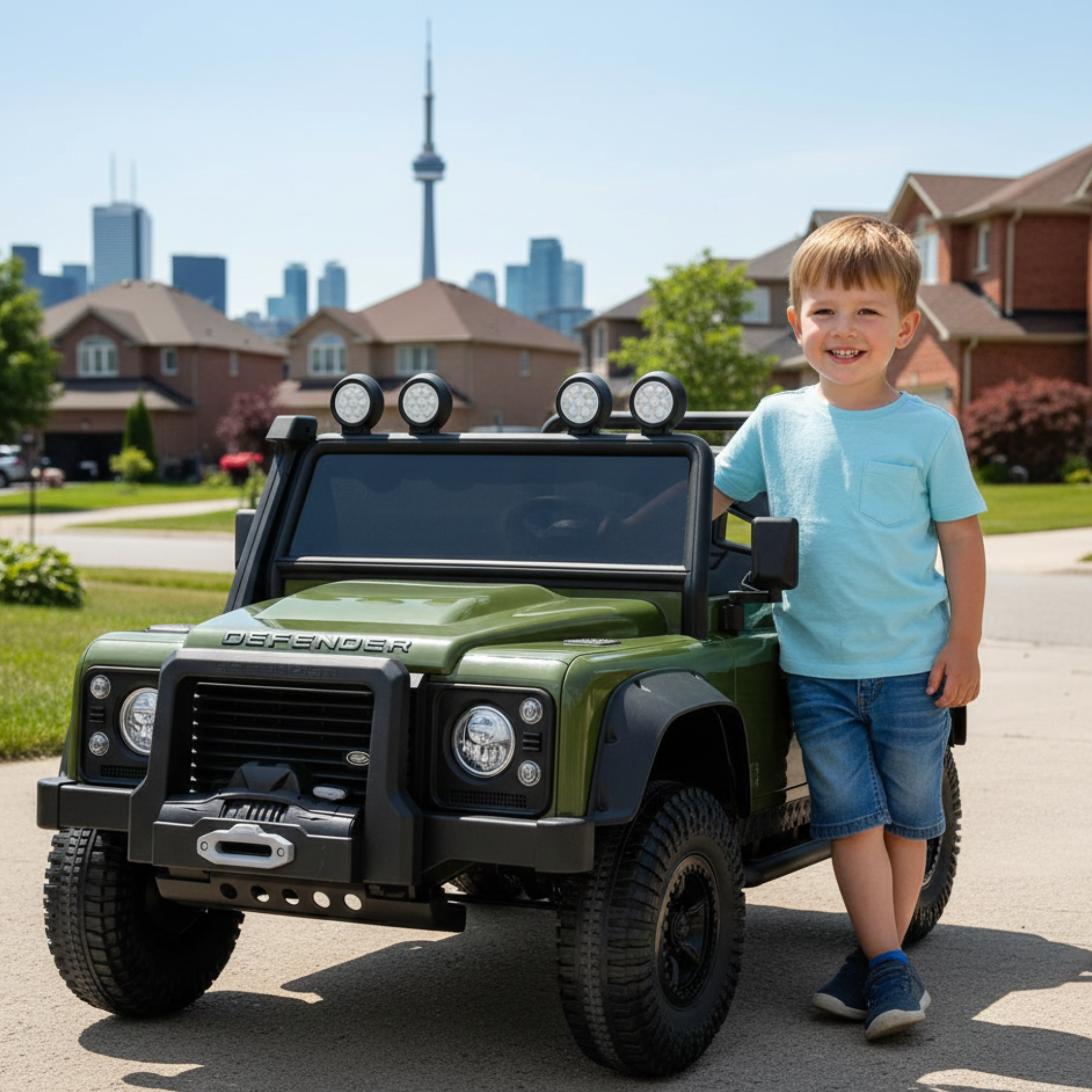 12V Green Land Rover Defender 1-Seater AWD Ride-on Truck W/ Rubber Wheels, Music Player & RC