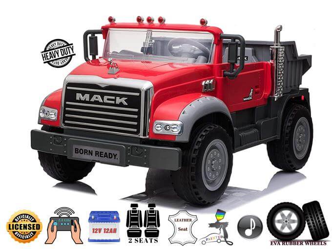 XXL 2 Seater Upgraded 12V Mack Truck, Eva Wheels, Leather Seats, RC, Painted Red image 1
