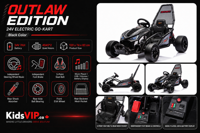 Black  Outlaw Edition 24V Kids Electric Go-Kart with Quiet Dual Motors, Music Player, EVA Front Wheels
