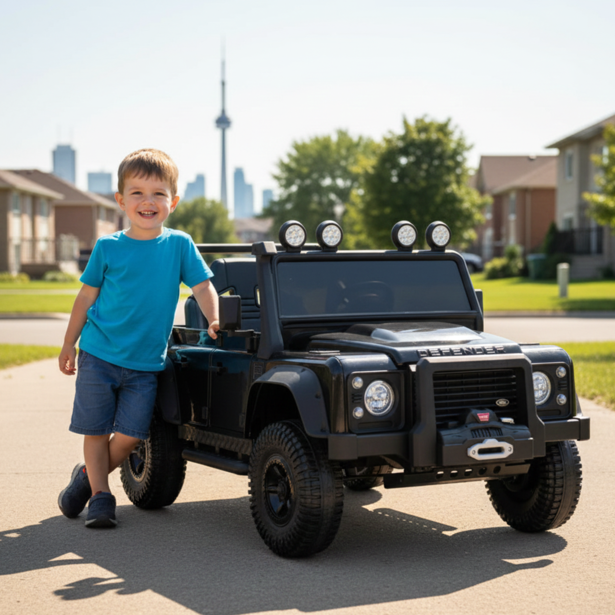 12V Black Land Rover Defender 1-Seater AWD Ride-on Truck W/ Rubber Wheels, Music Player & RC