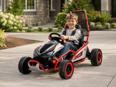 Red Outlaw Edition 24V Kids Electric Go-Kart with Quiet Dual Motors, Music Player, EVA Front Wheels.
