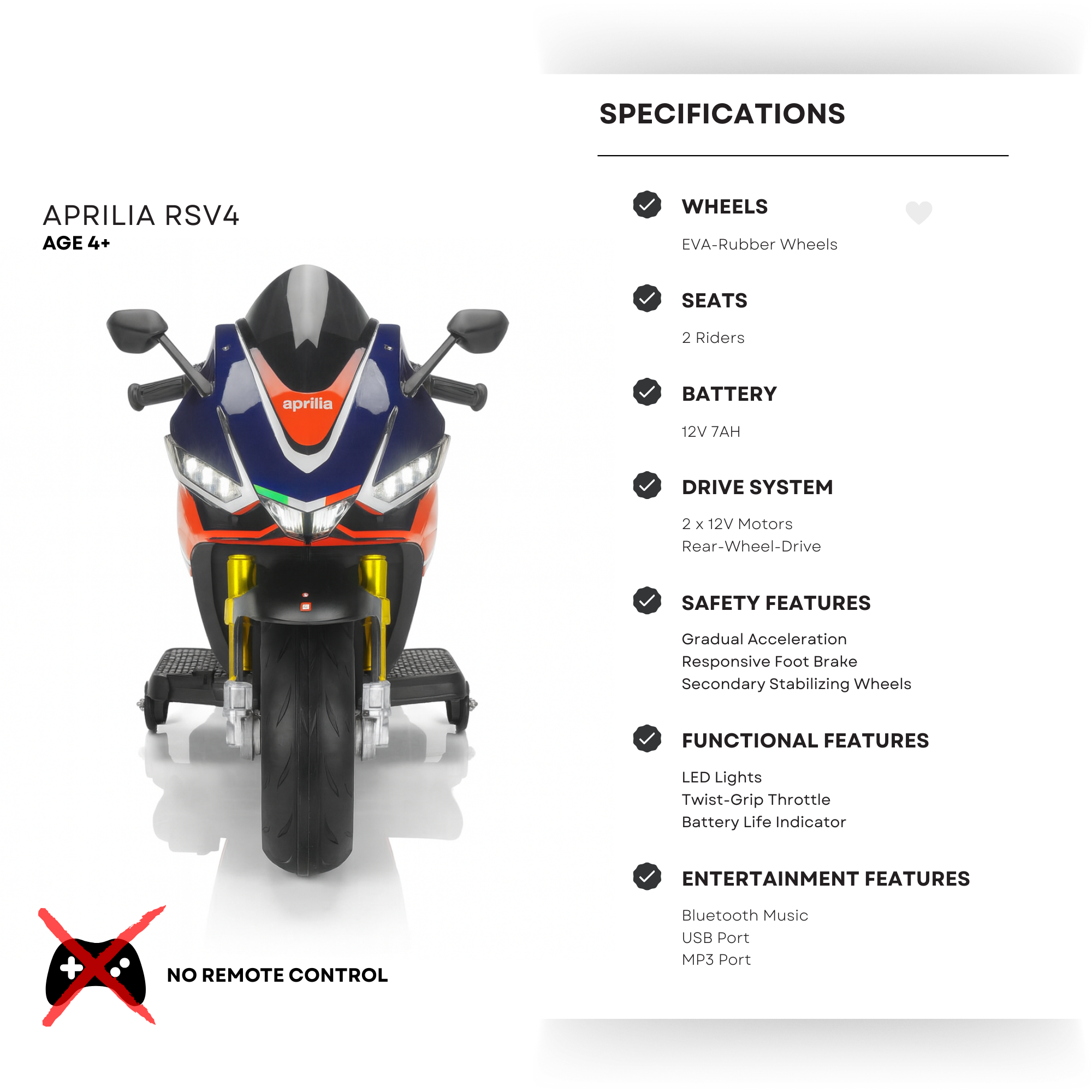 12V Upgraded Aprilia RSV4 Super Motorcycle W/ EVA Rubber Wheels, Music & Lights