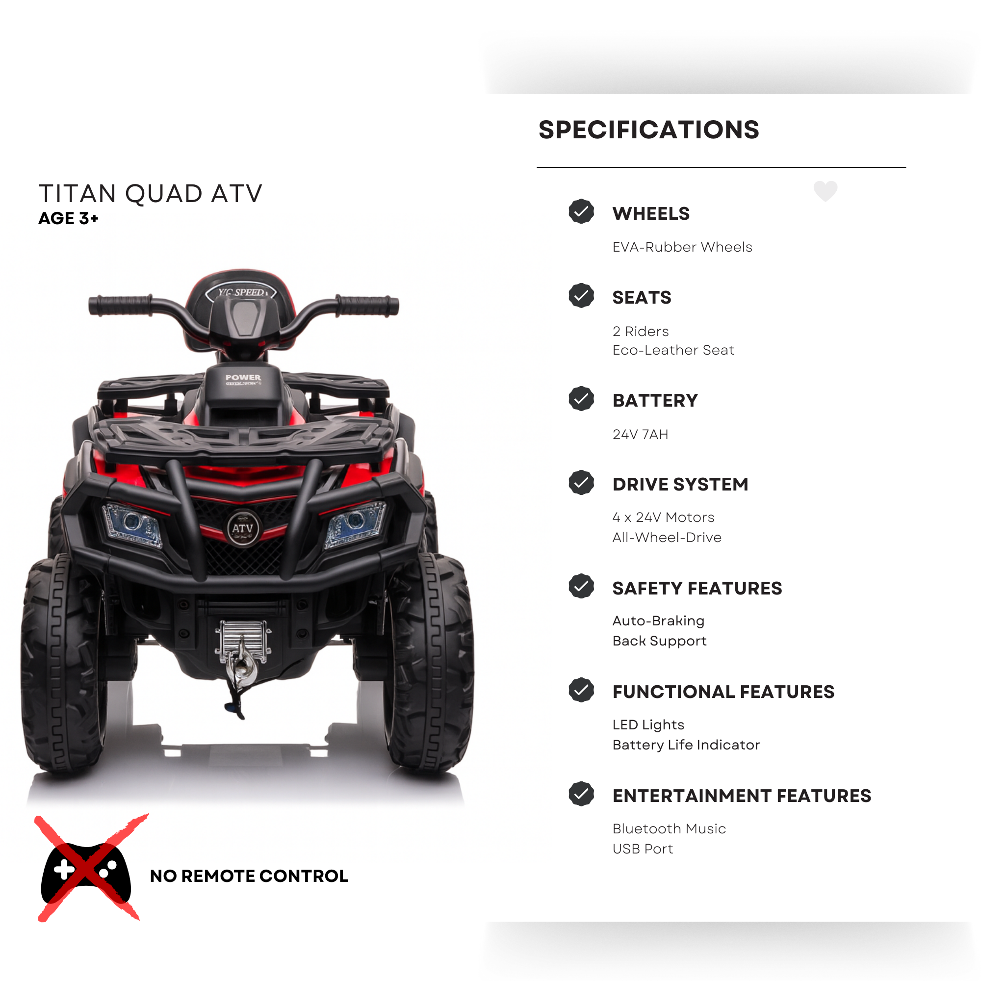 24V Red Upgraded Titan Edition 4x4 Ride-On Quad ATV W/ EVA Rubber Wheels, Bluetooth Music & Lights
