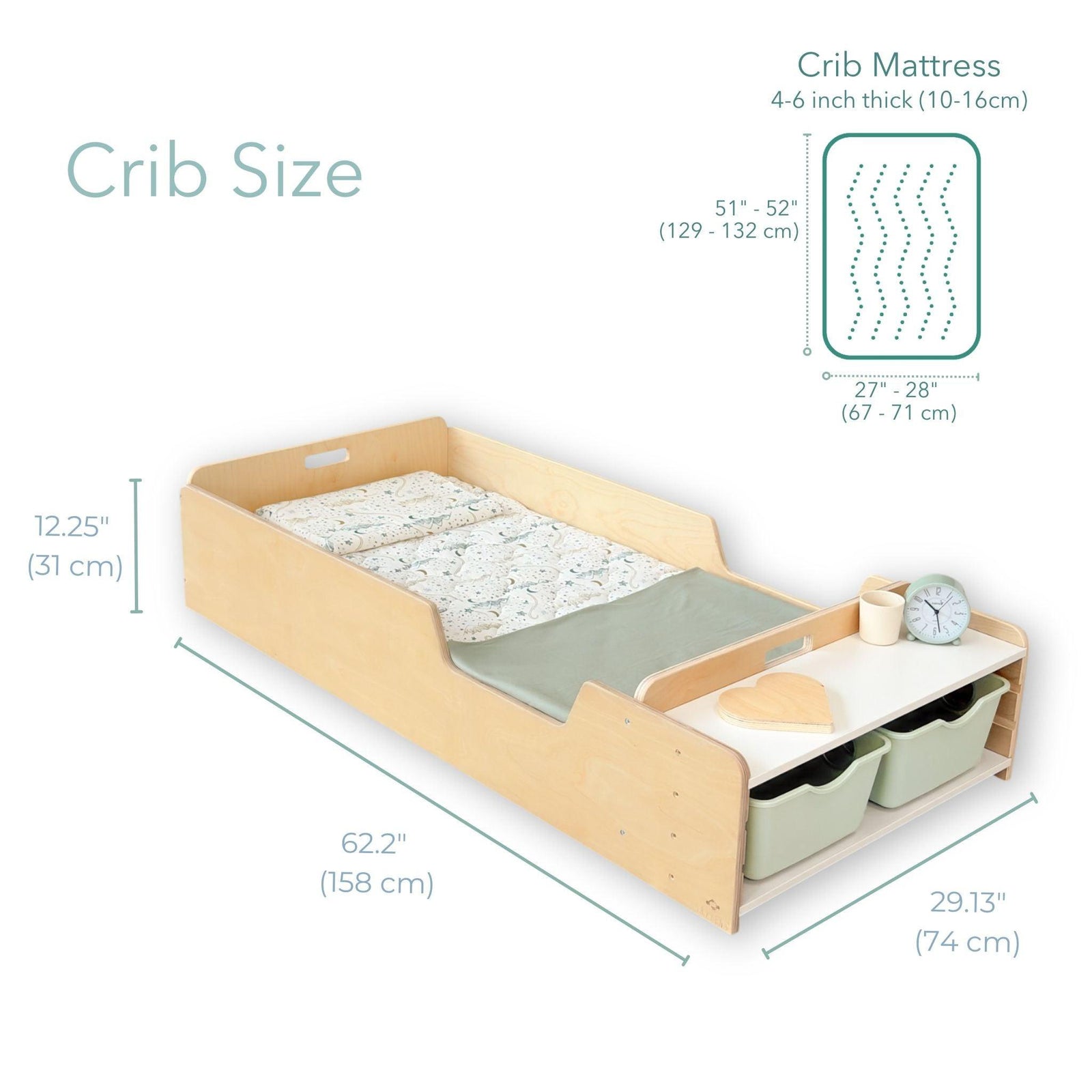 APPLE CRIB - Montessori Floor Bed with Rails & Shelves.
