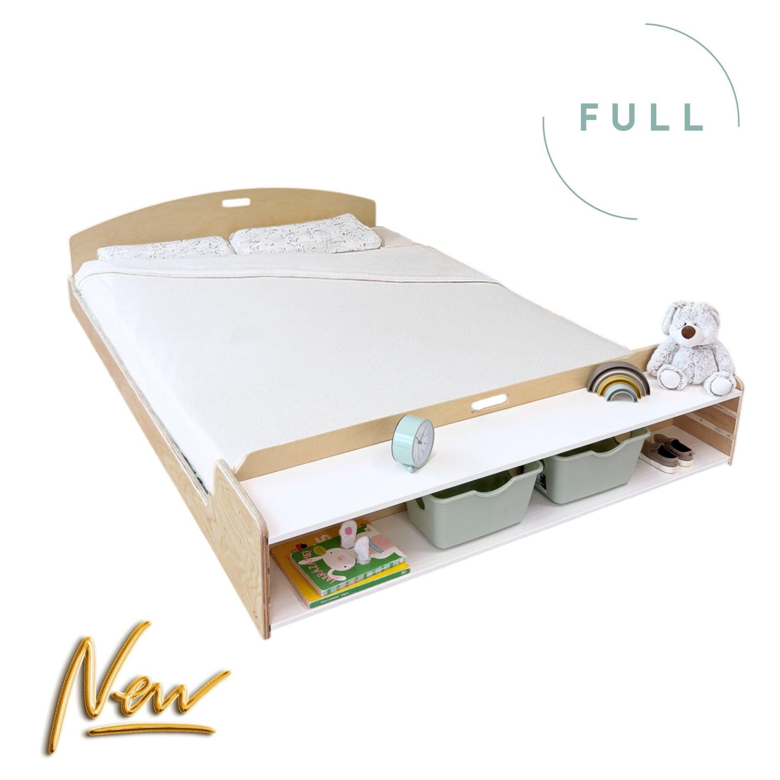 CHERRY FULL - Montessori Floor Bed with Shelves.