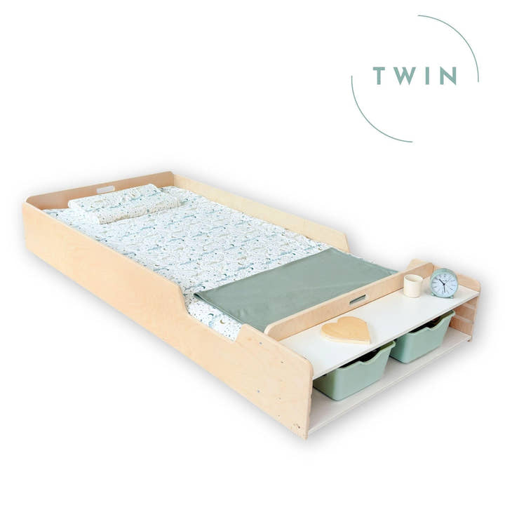 APPLE TWIN - Montessori Floor Bed with Rails & Shelves.