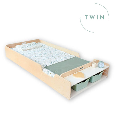 APPLE TWIN - Montessori Floor Bed with Rails & Shelves.