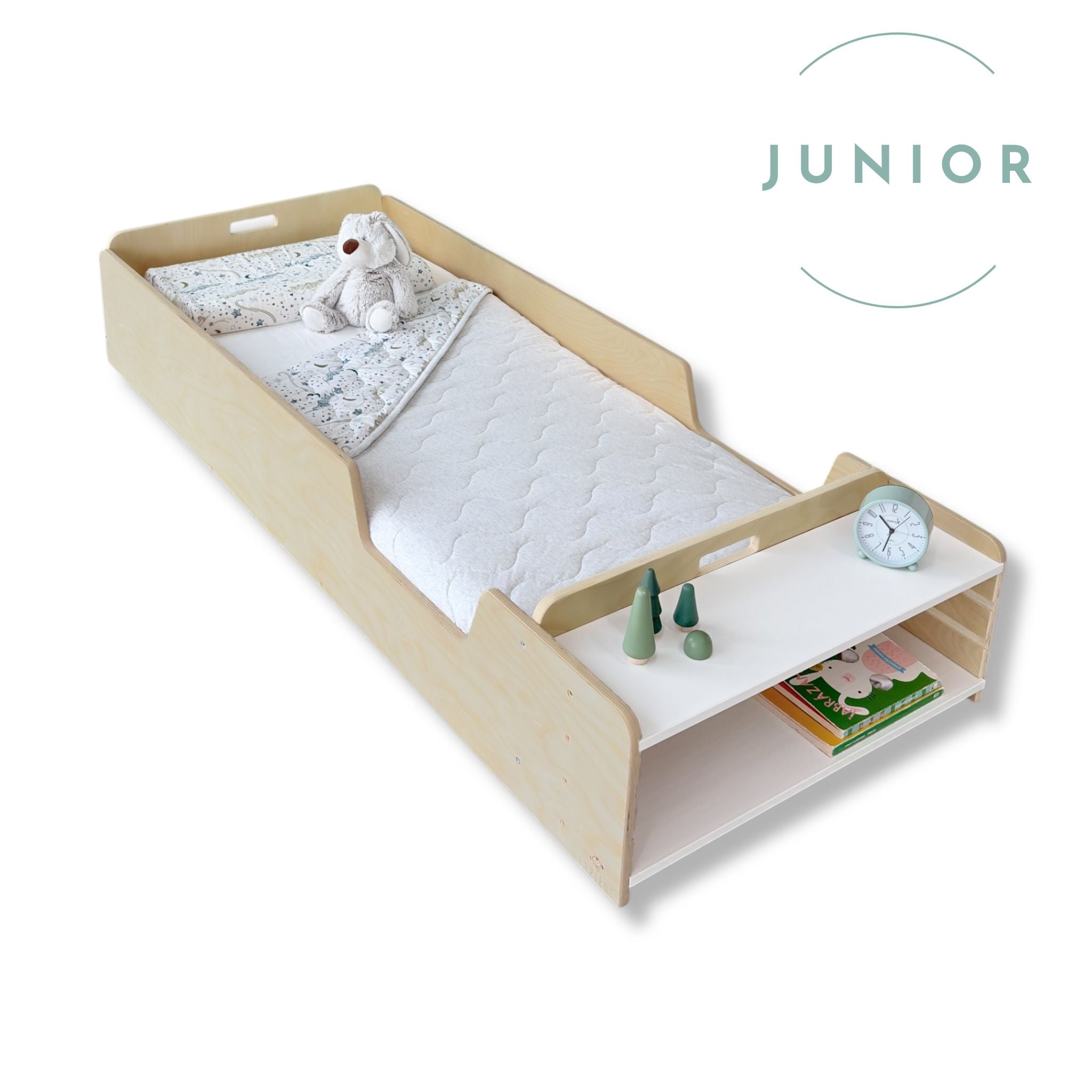 APPLE JUNIOR - Montessori Floor Bed with Rails & Shelves