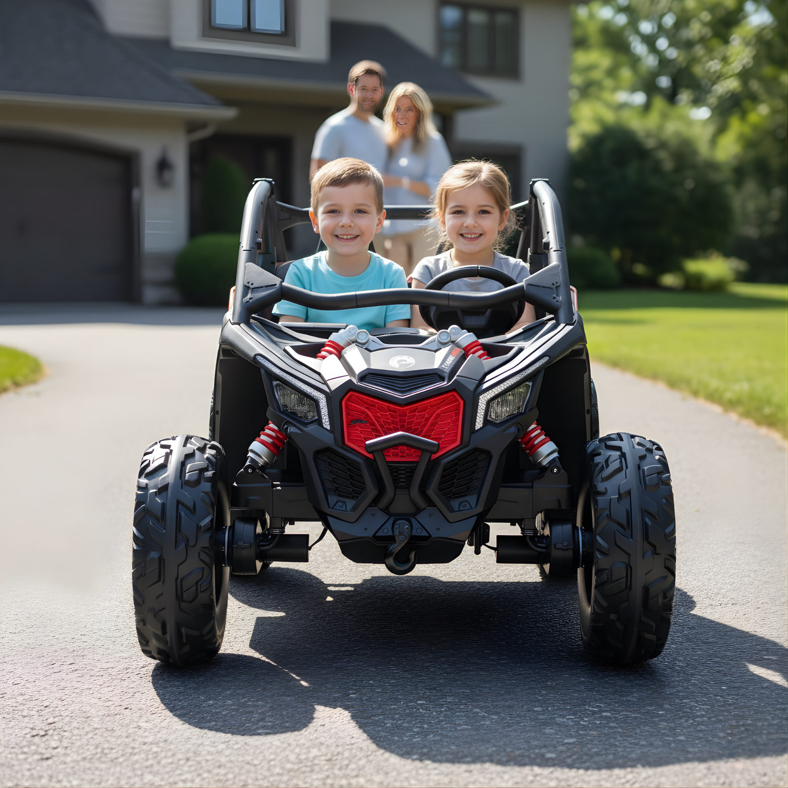 Black Licensed LX Performance Edition 2X24V Can-Am Maverick 2-Seater 4WD UTV W/ EVA Wheels, Dual Battery Pack, Music, Leather Seats & RC