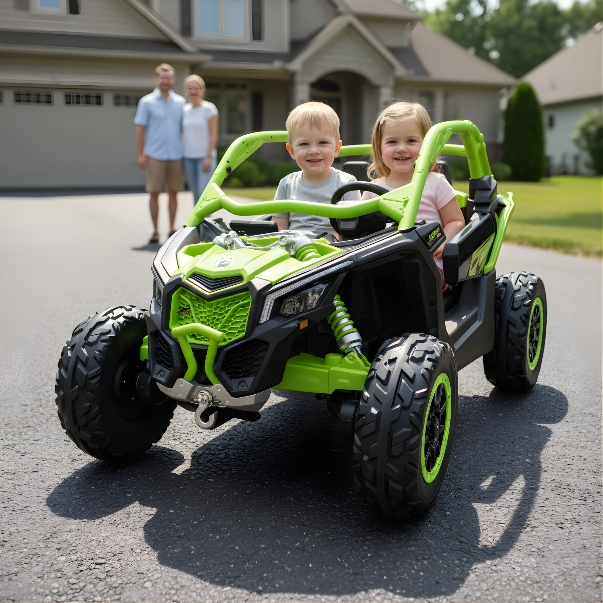 Green Licensed LX Performance Edition 2X24V Can-Am Maverick 2-Seater 4WD UTV W/ EVA Wheels, Dual Battery Pack, Music, Leather Seats & RC