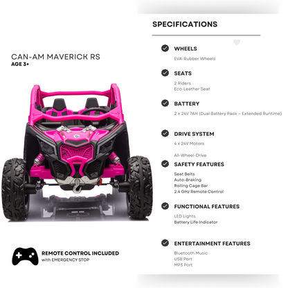Pink Licensed LX Performance Edition 2x24V Can-Am Maverick 4WD Double 24V Battery Pack, 2-Seater Kids' Buggy W/ Music, EVA Rubber Wheels, Leather Seats & RC