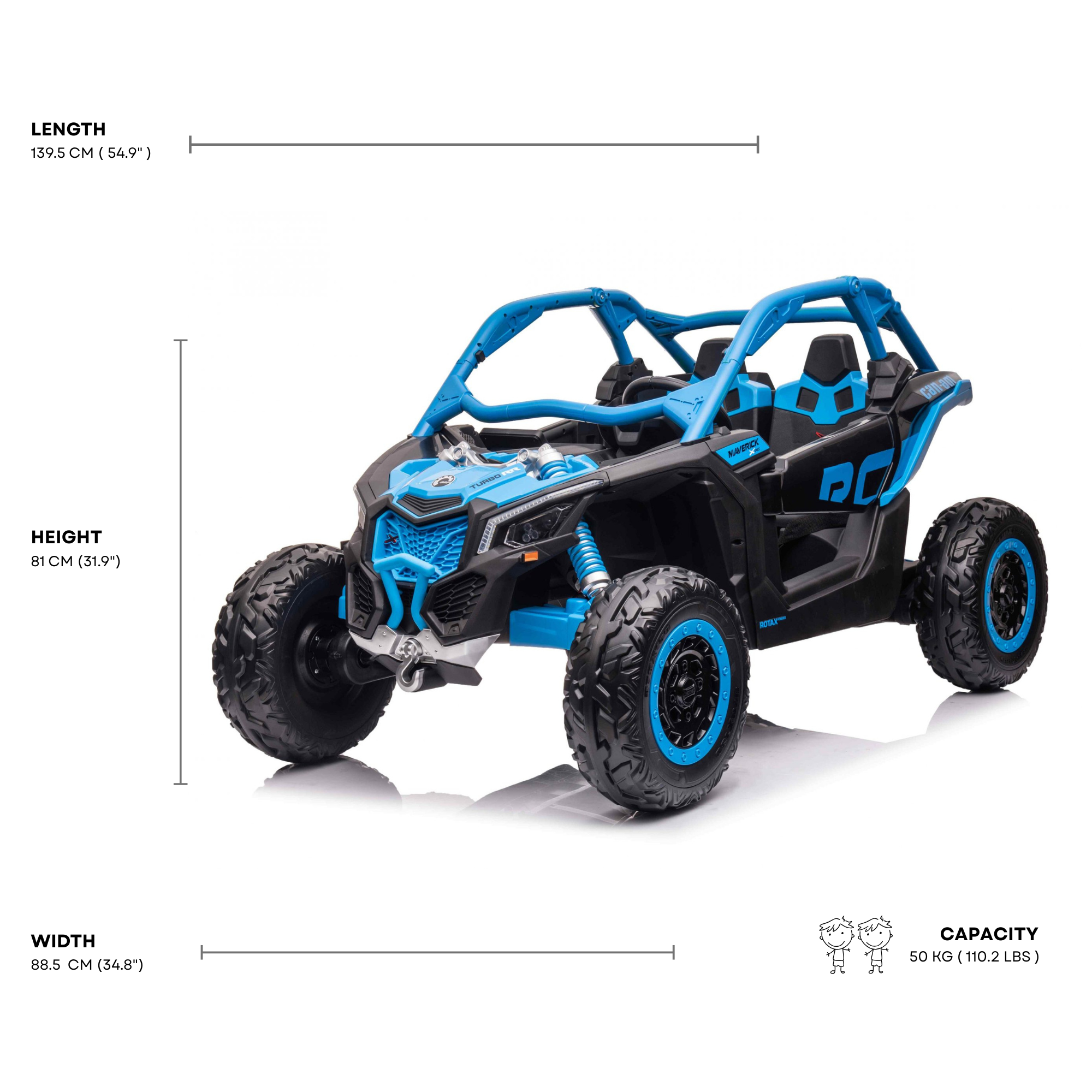 Blue Licensed LX Performance Edition 2x24V Can-Am Maverick 4WD Double 24V Battery Pack, 2-Seater Kids' Buggy W/ Music, EVA Rubber Wheels, Leather Seats & RC
