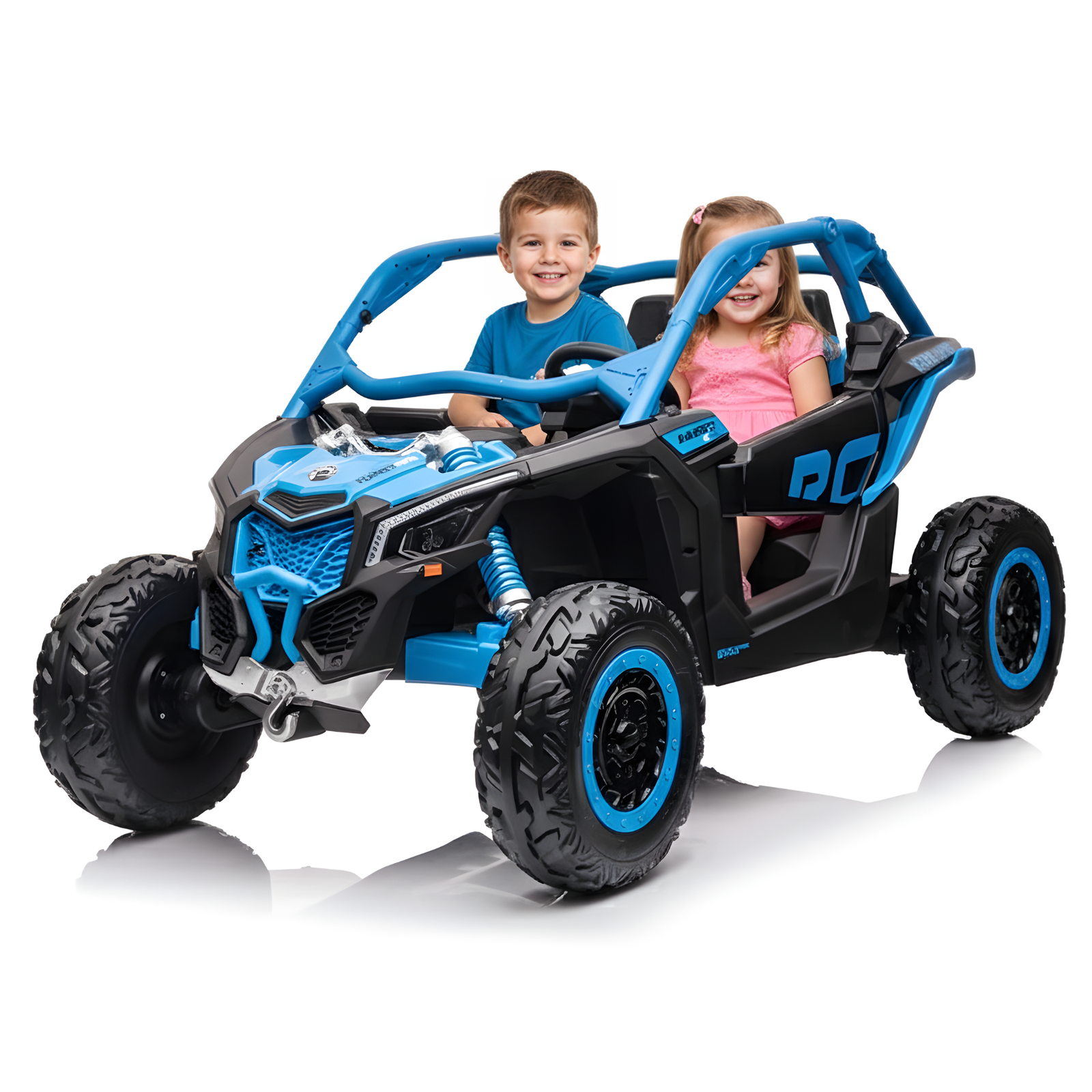 Blue Licensed LX Performance Edition 2X24V Can-Am Maverick 2-Seater 4WD UTV W/ EVA Wheels, Dual Battery Pack, Music, Leather Seats & RC