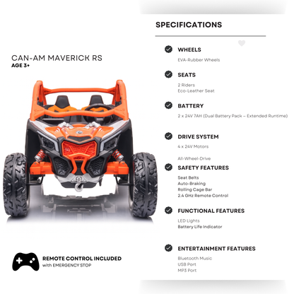 Orange Licensed LX Performance Edition 2x24V Can-Am Maverick 4WD Double 24V Battery Pack, 2-Seater Kids' Buggy W/ Music, EVA Rubber Wheels, Leather Seats & RC