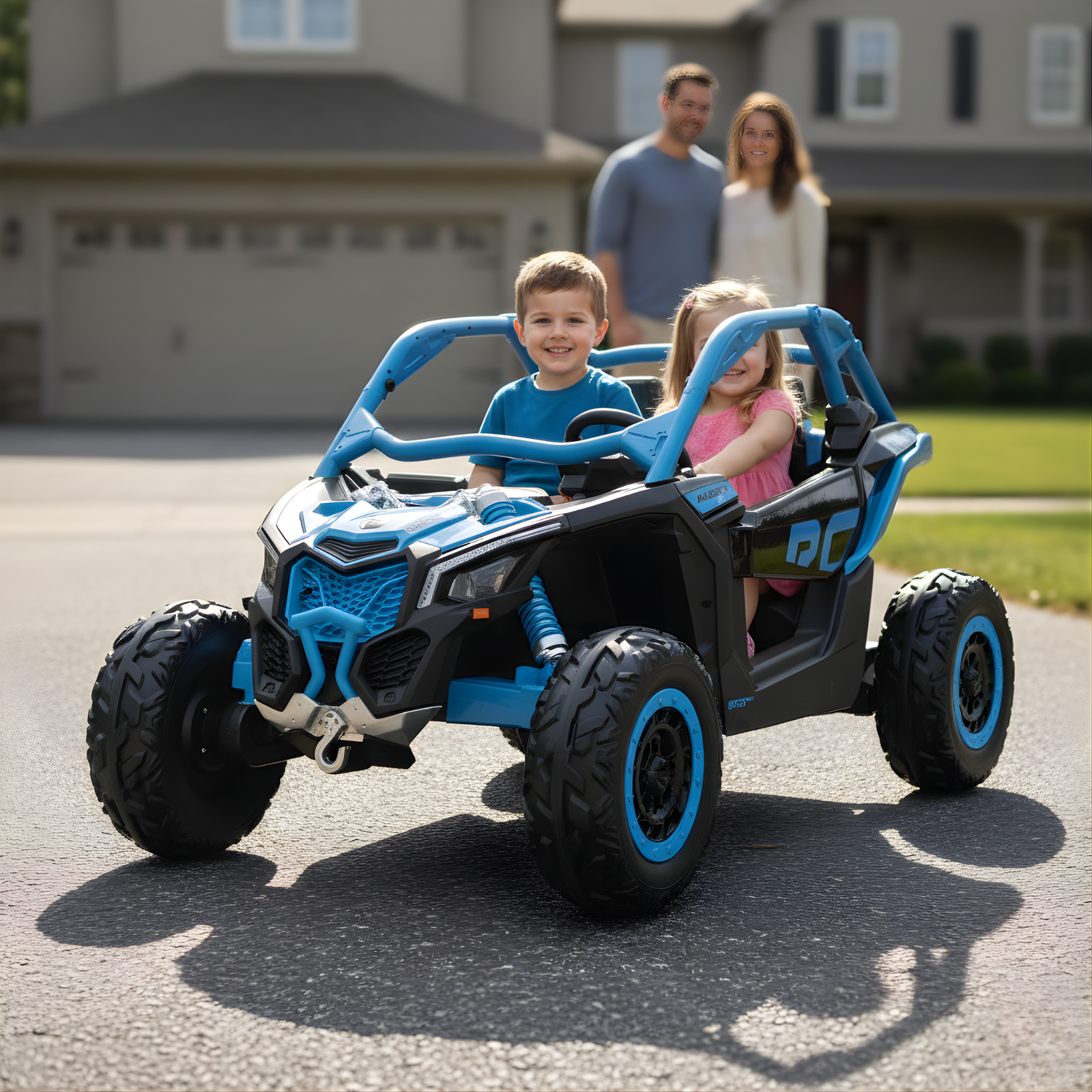 Blue Licensed LX Performance Edition 2X24V Can-Am Maverick 2-Seater 4WD UTV W/ EVA Wheels, Dual Battery Pack, Music, Leather Seats & RC