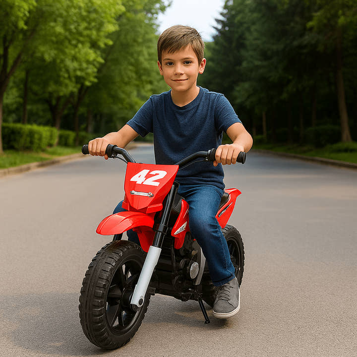 Red 24V Electric MotoX Dirt Bike for Kids, Up to 18 km/h.