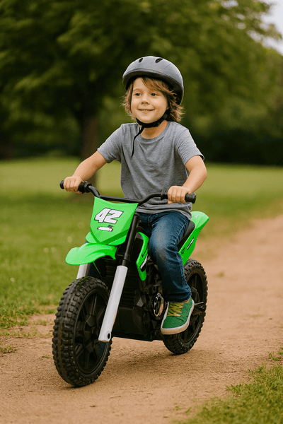 Green 24V Electric MotoX Dirt Bike for Kids, Up to 18 km/h.