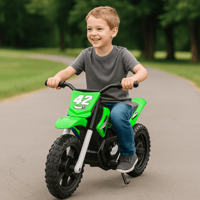 Green 24V Electric MotoX Dirt Bike for Kids, Up to 18 km/h.