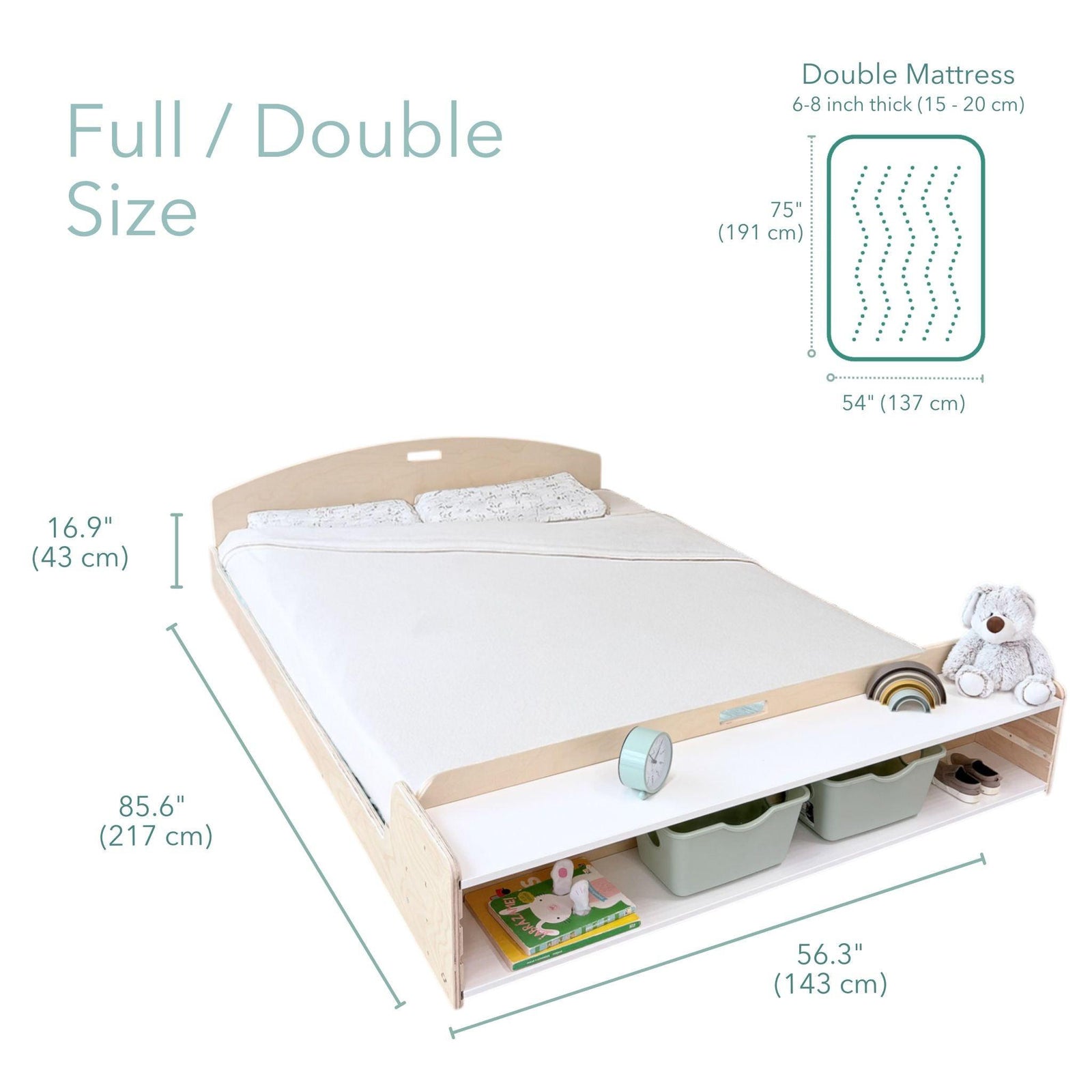 CHERRY FULL - Montessori Floor Bed with Shelves.