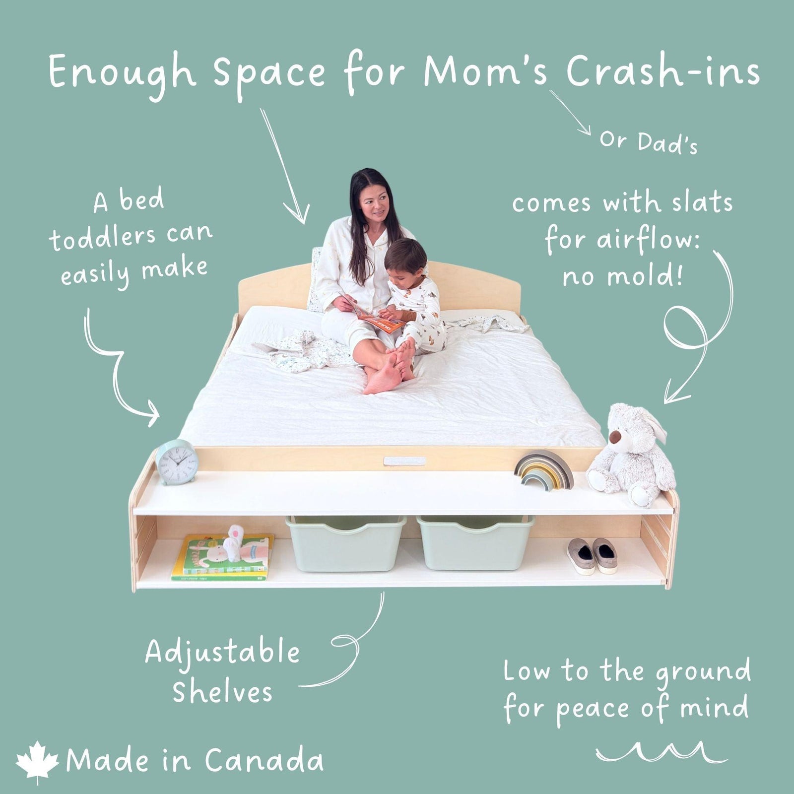 CHERRY FULL - Montessori Floor Bed with Shelves.
