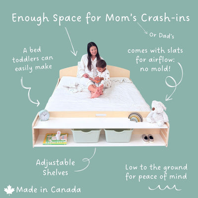 CHERRY FULL - Montessori Floor Bed with Shelves.