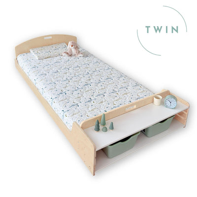 CHERRY TWIN - Montessori Floor Bed with Shelves.